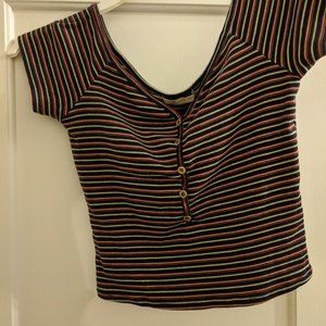 trendy cute button striped knit brandy crop tee
